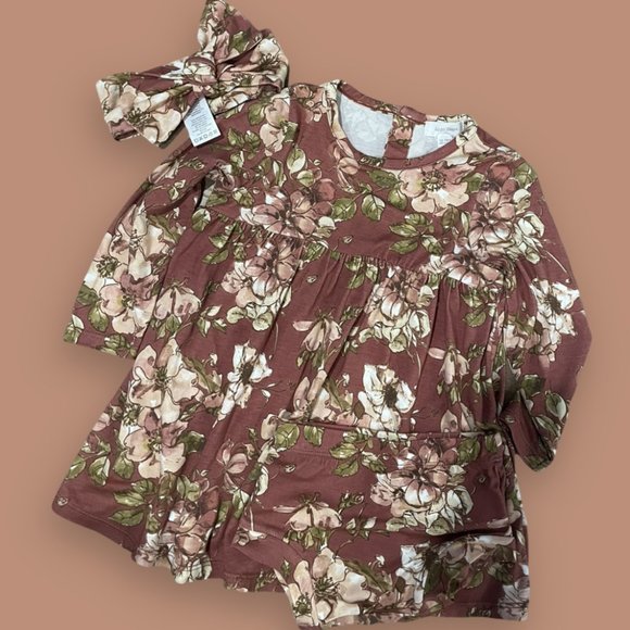 NWT Angel Dear Mauve Floral "Woodrose" Long Sleeve Dress with Headband & Bloomer - Picture 5 of 5